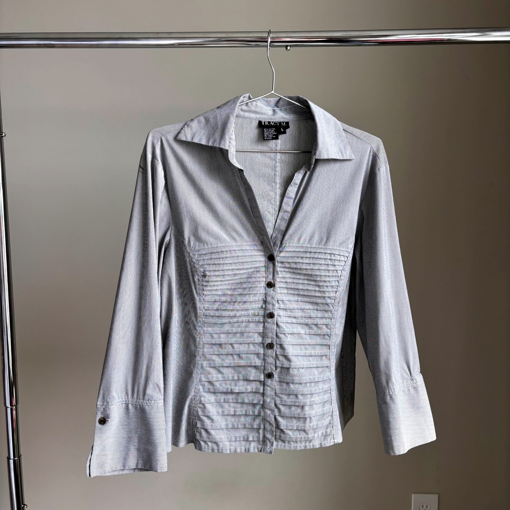 Vintage Tracy M Button Down Shirt Large Striped Pleated Office Siren 90s Y2K‎